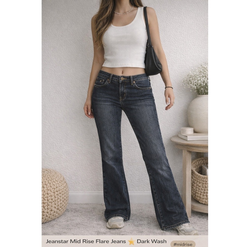 Jeanstar Mid Rise Flare Jeans Dark Wash Y2K Bootcut Stretch Women 12 Elle
